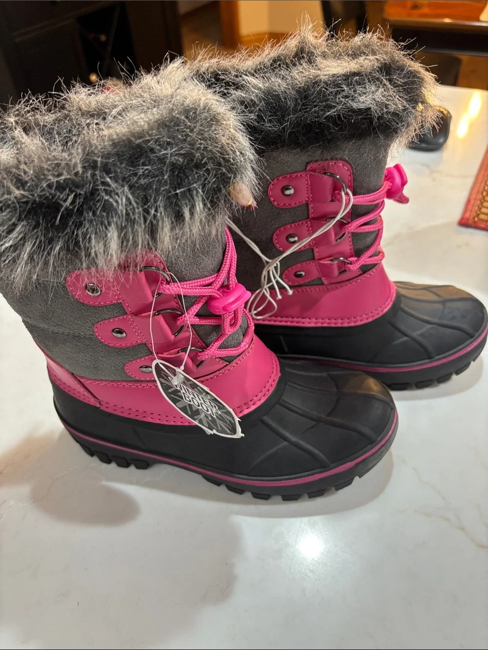 Kids Winter Snow Boots - Pink and Gray Faux Fur Girl's Size 2